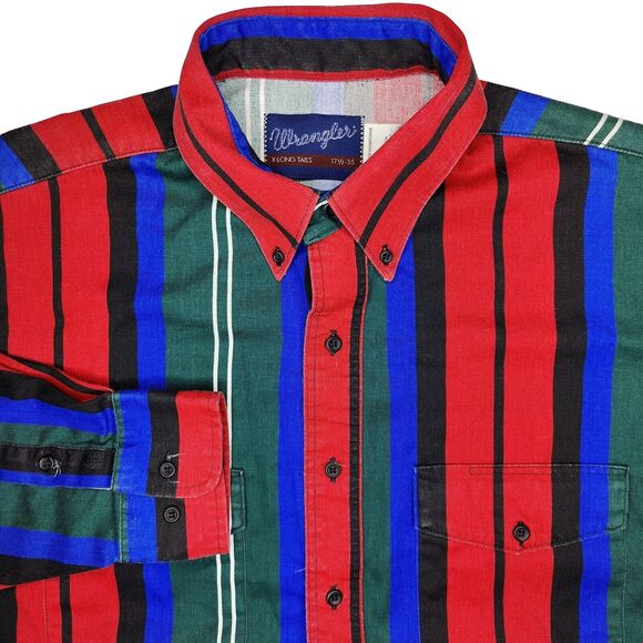 Vtg Wrangler Brushpopper Striped Western Button Down Shirt Size 17.5/35